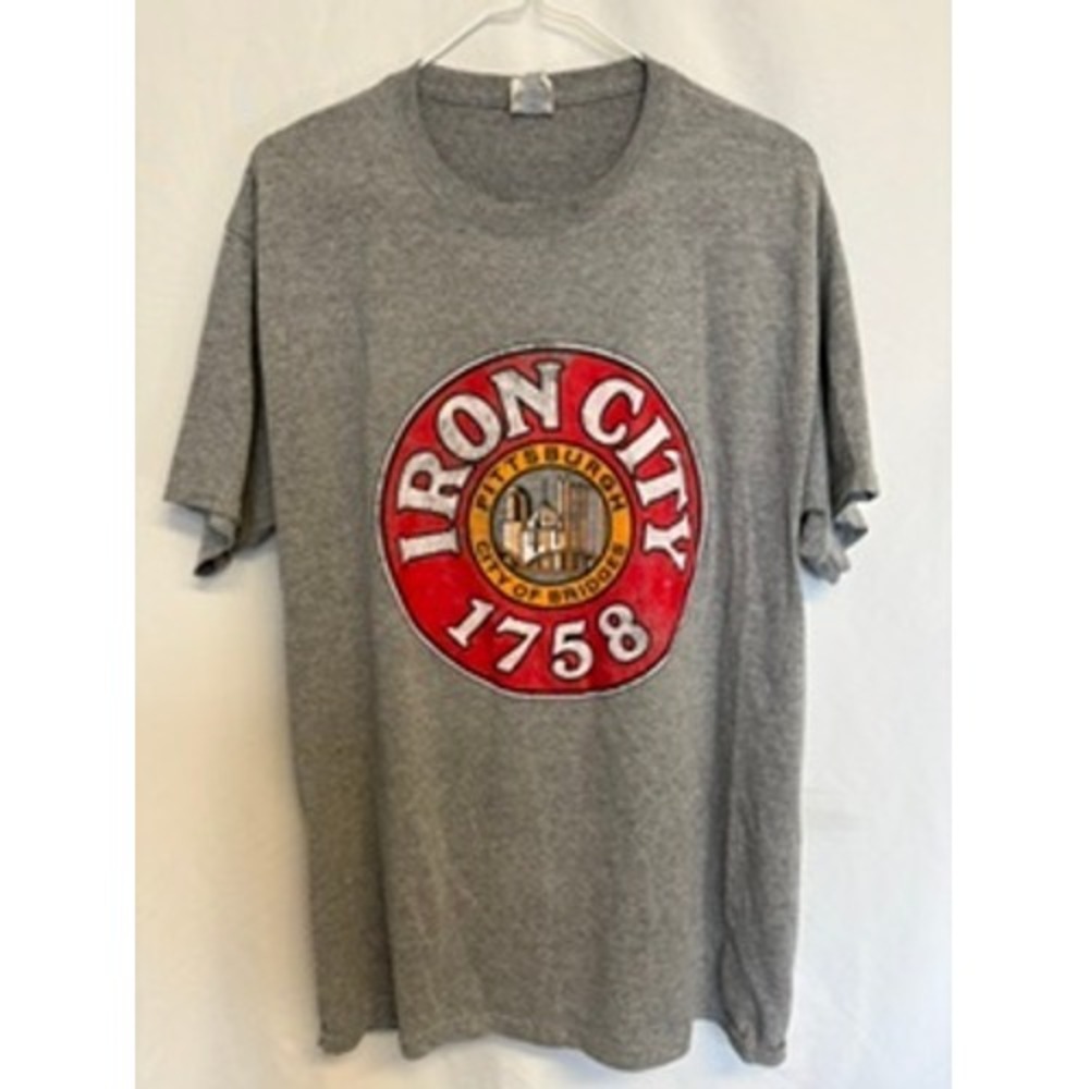 Vintage Jerzees Iron City 1758 Pittsburgh City of Bridges T-Shirt Gray Large